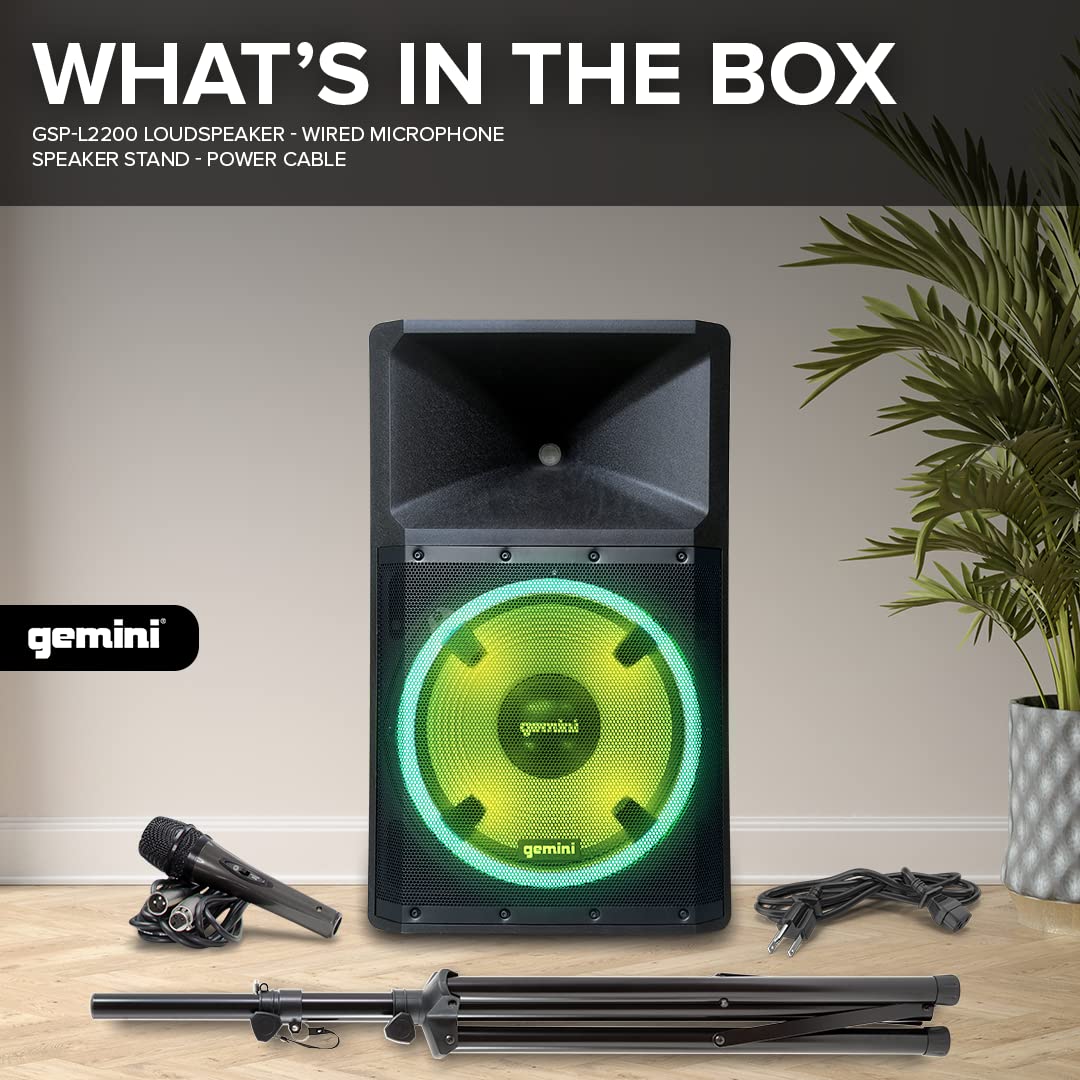 Gemini 15” 2200W Bluetooth PA Speaker System – DJ Loudspeaker with Stand, Wired Mic, LED Lights, TWS Stereo Pairing, 3-Channel Mixer, EQ Control – AC Powered (GSP-L2200PK)