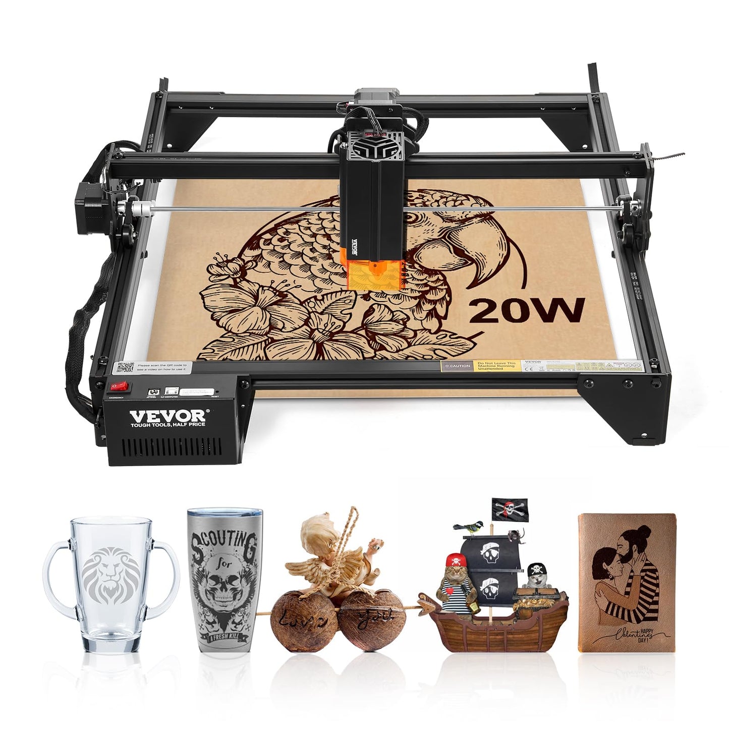 VEVOR 10W Output, Laser Engraving Cutter Machine, 14.9 x 15.7 in/38 x 40 cm Working Area, 10000 mm/min Movement Speed, Compressed Spot with Eye Protection, for Wood, Certain Metal, Black