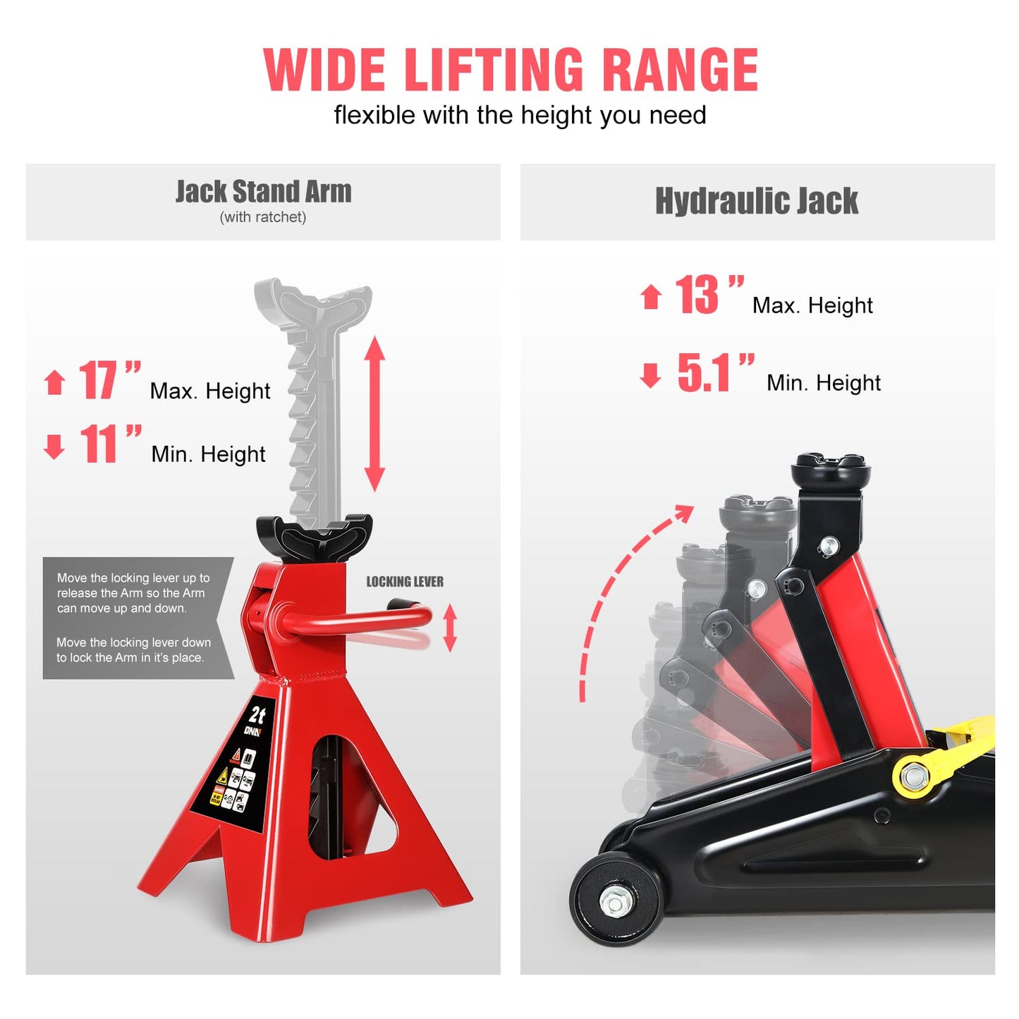 DNA MOTORING TOOLS-00280 Low Profile Hydraulic Trolley Service/Floor Jack Combo with 2 Ratchet Jack Stands, 2 Ton (4000 lbs) Capacity