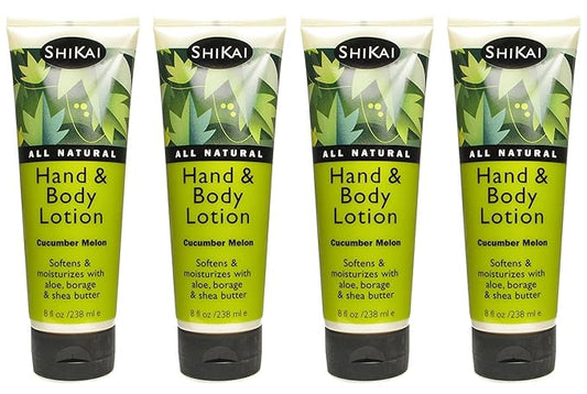 ShiKai Cucumber Melon Hand & Body Lotion (8oz, Pack of 4) | Daily Moisturizing Skincare for Dry and Cracked Hands | With Aloe Vera & Vitamin E
