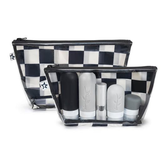 Tiny Twinkle Mess-proof Travel Bags, Airline Compliant, Zipper Closure, Clear Front Pouch, Diaper Bag Packing, Toiletry or Cosmetics Organizer 2 Pack Set (Black Checkers)