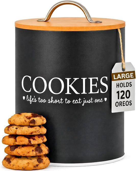 D'Lifeful Cookie Jar with Airtight Bamboo Lid – 1.1 Gallon Cute and Decorative Cookie Storage for Kitchen Countertop – Farmhouse Storage Tin for Freshness – Great Gift Idea (Black)