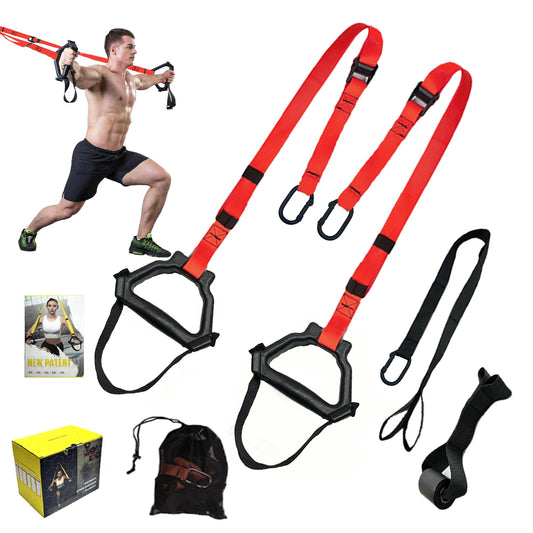 Bodyweight Resistance Training Straps, Complete Home Gym Fitness Trainer kit for Full-Body Workout, Included Door Anchor, Extension Strap, Fitness Guide (Red)