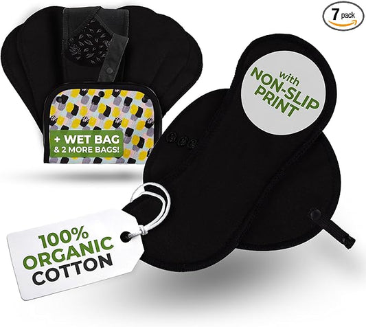 Non-Slip Organic Reusable Panty Liners for Women & Teens (Small, 7-Pack); High-Temp Washable Cotton Cloth Liners; Stay Fresh & Dry, for Daily Vaginal Discharge Only; 100% Breathable (no PUL/TPU)