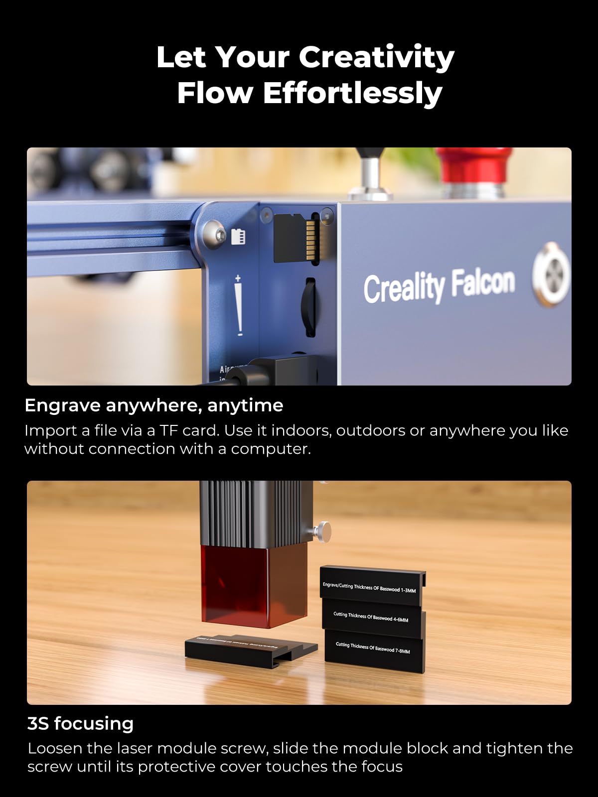 Creality 10W Laser Engraver, Falcon Pro with 3-in-1 Laser for Wood Engraving, 72W Efficient Laser Engraving Machine Fit, for Wood, Metal, Paper, Acrylic, Leather, Glass Tumbler Ring, 17" x 16"