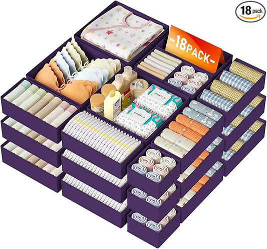 DIMJ Drawer Organizer Clothes Storage - 18 Pack Baby Dresser Organizer for Nursery, Foldable Closet Drawer Bins for Bedroom Organization, Fabric Storage Dividers for Socks, Underwears, Purple