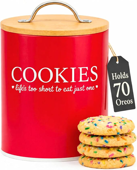 D'Lifeful Farmhouse Airtight Cookie Jar with Bamboo Lid - Kitchen Counter Storage Container for Cookies or even Candy (Red, Small Size (6.5" x 5.25"))