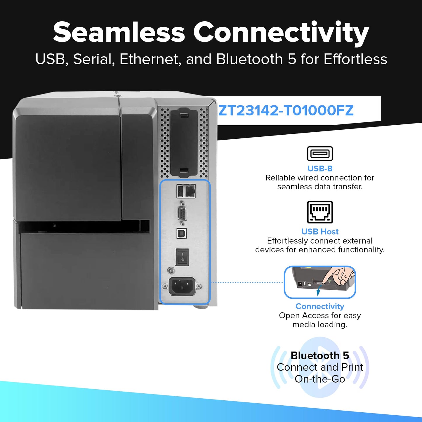 JetSet Label Zebra ZT231 (Zebra ZT230 Replacement) | Thermal Transfer & Direct Thermal 203 DPI | ZT23142-T01000FZ | USB, Serial, Ethernet, Bluetooth Connectivity, Tear Bar