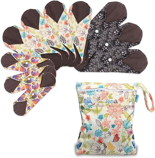 Teamoy 10Pcs Sanitary Pad, Reusable Washable Cloth Menstrual Pads/Panty Liners with Wet Bag, Super-Absorbent, Soft and Comfortable(3pcs×7.9"+4pcs×10"+3pcs×11.6")
