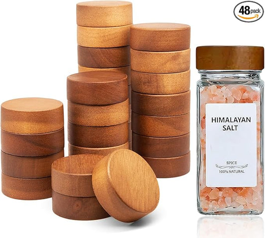 48 Pcs Spice Jar Lids Acacia Wood,Fits 4 Oz and 8 Oz Glass Spice Jars,For Square and Round Plastics Spice Jars,Jar Not Included (48)