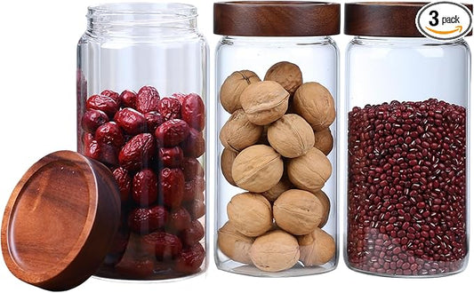 40.5 fl.oz -3 pack Glass Jars with screw Acacia Lids, Glass Food Storage Containers with Airtight Lids, Glass Container Jar Set for Coffee, Nut, Candy, Cereal, Sugar, Snacks, Blooming Tea,Spice