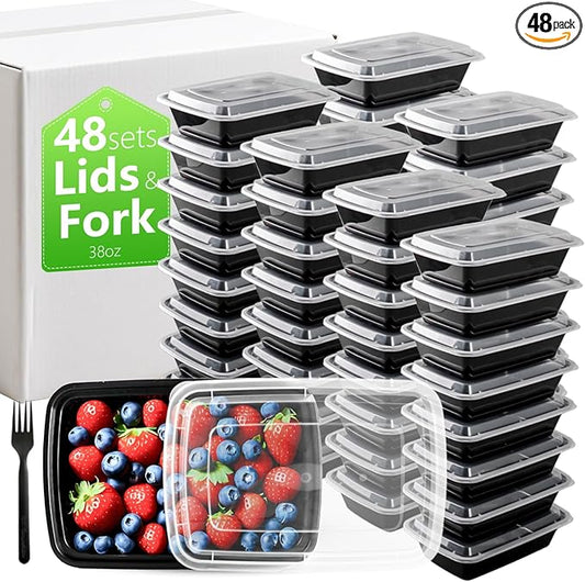38oz Meal Prep Containers Bulk 48 Set with Forks and Lids - 1 Compartment Food Containers Leakproof Snack Container Reusable Food Storage Containers, Freezer Safe Plastic Lunch Take Out Box