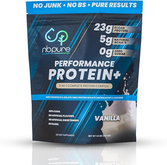 nbpure Performance Protein+: Natural Protein Blend- 23g Whey Isolate & Concentrate + Milk Protein Isolate– Clean, Healthy Protein Powder – Nothing Artificial, Vanilla