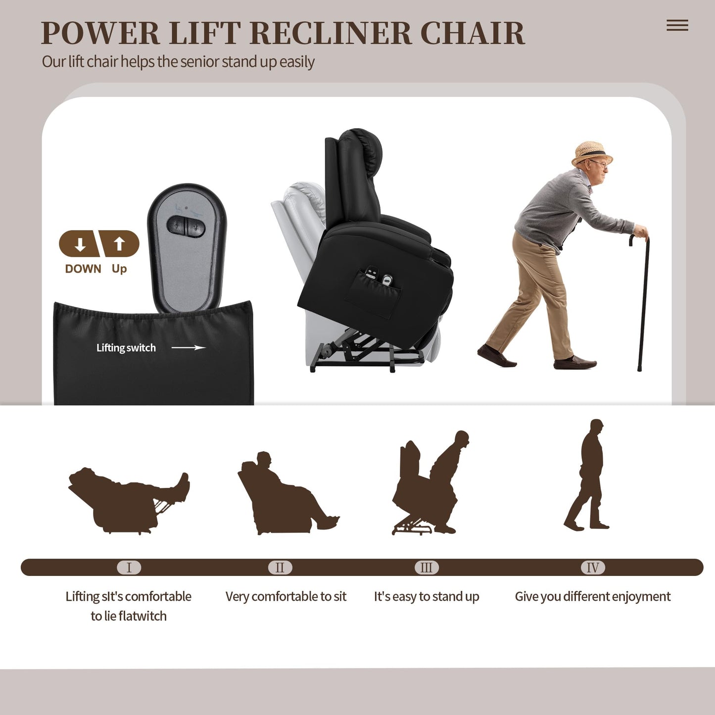 JUMMICO Power Lift Recliner Chair with Massage for Elderly PU Leather Modern Reclining Sofa Chair with Cup Holders, Remote Control, Adjustable Furniture (Black)