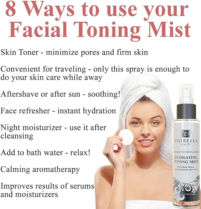 Organic Hydrating Toner for Face Anti-Aging - Rose Water, Witch Hazel & Aloe Vera Toning Facial Mist for Women. Natural Skin Moisturizing Rosewater Spray. Oil Free, Pure, Fresh & Pore Tight