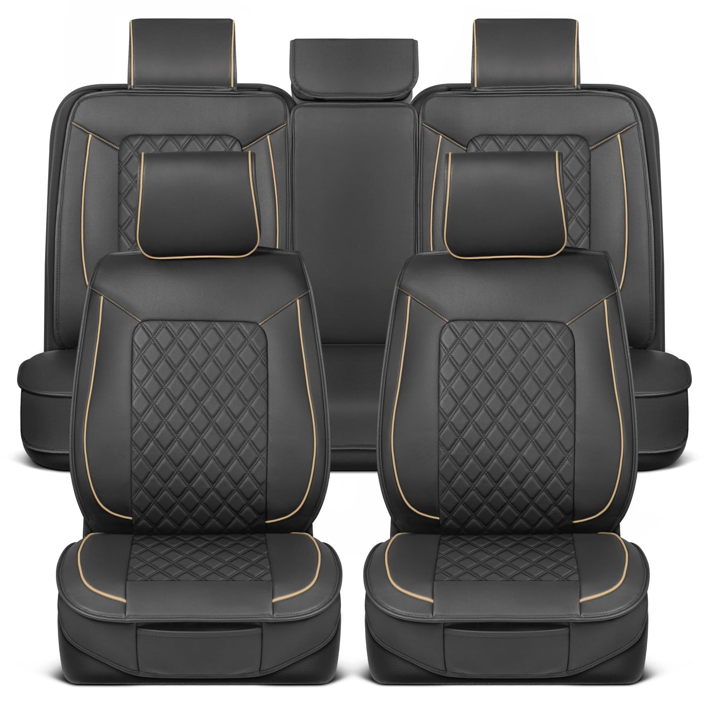 MotorBox Prestige Faux Leather Seat Covers Full Set – Semi-Universal Fit for Cars, Trucks & SUVs – Napa Style 2 Front Seat Covers + Rear Bench – Durable Interior Protector, Easy Install