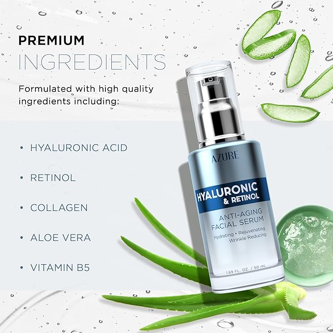 Azure Cosmetics Hyaluronic Acid Serum For Face - Ultra Hydrating, Dermatologist Tested, Anti-Aging Moisturizer for Dark Spots, Fine Lines & Wrinkles - Vegan, Clean Beauty, Korean Skin Care - 2 Pack