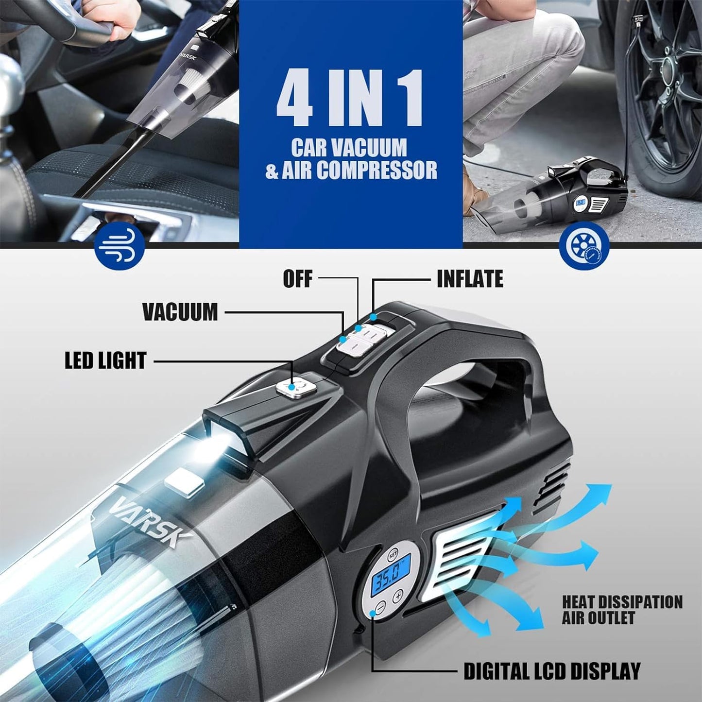 VARSK 4-in-1 Car Vacuum Cleaner High Power, Tire Inflator Portable Car Vacuum with Digital Tire Pressure Gauge LCD Display and LED Light, 12V DC, 15FT Cord, Essential Accessories for Men Women