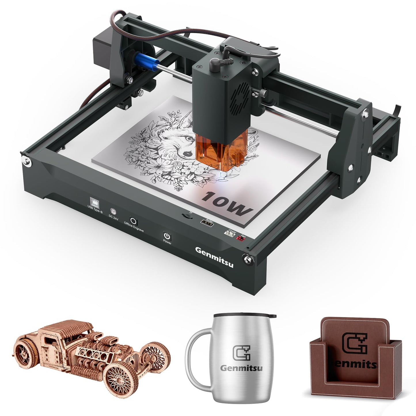 Genmitsu Laser Engraver Machine Kortek 10W ±0.01mm High Precision, 200x150mm, Portable CNC Laser Cutter for DIY Wood, Opaque Acrylic, Leather, Glass, Ceramic, Metal, Fiber