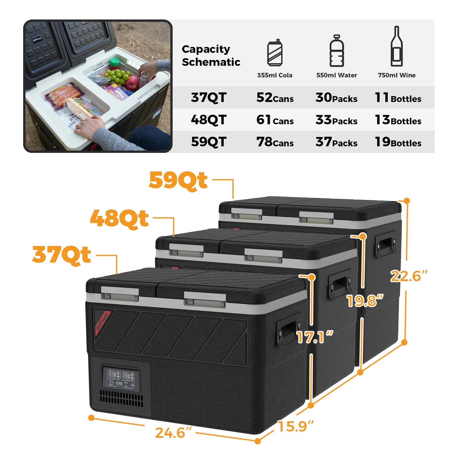 Setpower DT45 Car Refrigerator with APP Control, 48QT(45L) Electric Cooler Dual Zone Fridge Freezer, 12V Refrigerator Portable Freezer for Camping, Travel, Road Trip