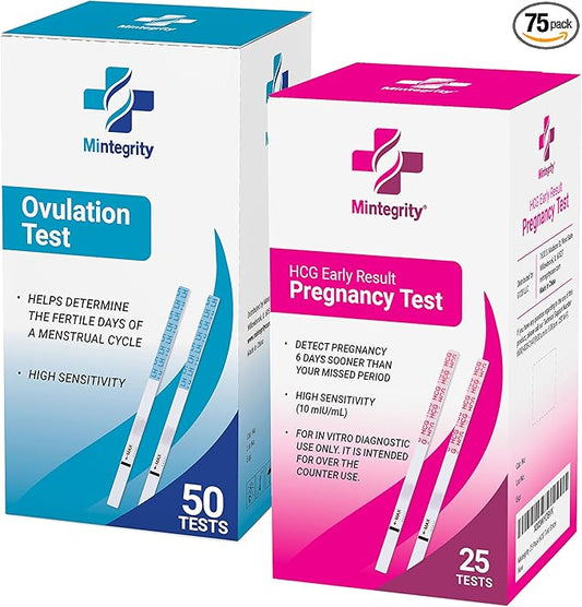 [Mintegrity] 50 Ovulation Test Strips and 25 Pregnancy Test Strips Combo Kit, (50 LH + 25 HCG), Easy to Use at Home