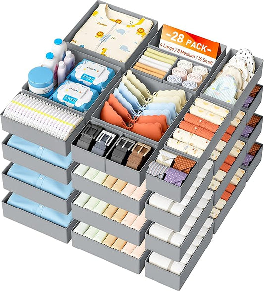 DIMJ Drawer Organizer Clothes Storage - 28 Pack Baby Dresser Organizer for Nursery, Foldable Closet Drawer Organizer Bins for Bedroom Organization, Fabric Storage Dividers for Socks, Underwears, Bras