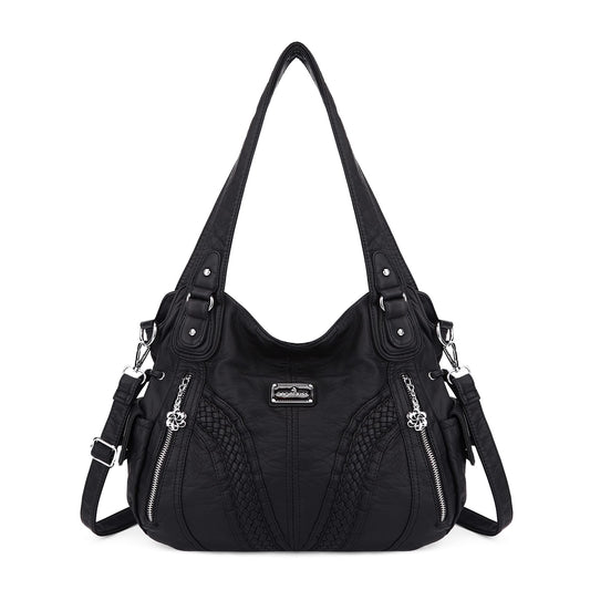Purses and Handbags Women Fashion Tote Bag Shoulder Bags Top Handle Satchel Purses Washed Synthetic Leather Handbag 1-2#black 13.8 * 4.7 * 11.8 inches