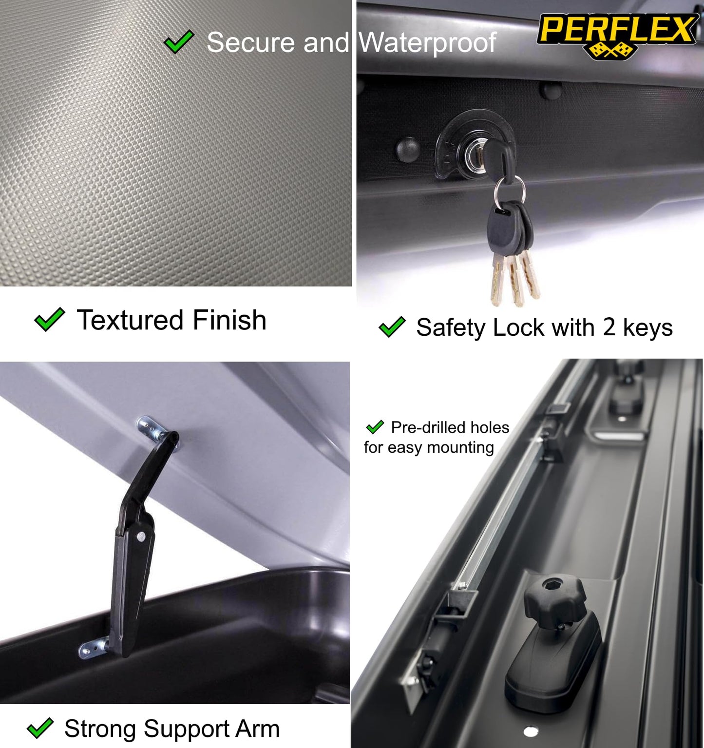 Perflex Journey Roof Cargo Box Carrier 14.8 Cubic Feet Car Top Mount Travel Luggage Storage, Passenger Side Opening, 130 Lbs Weight Capacity, Keys, Strap (White)