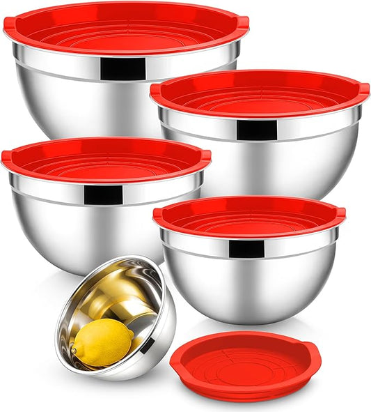 E-far Mixing Bowls With Lids Sets of 5, 10-Piece Stainless Steel Salad Metal Nesting Bowl for Baking Cooking and Prepping, Airtight Lid & Stackable Design, Size 4.6, 3, 2.1, 1.5, 0.7 QT, Red