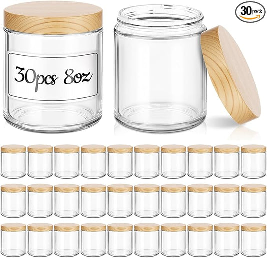 8 oz Glass Jars with Lids, 30 Pack Clear Small Glass Jars with Woodgrain Lids Leakproof Round Airtight Empty Cosmetic Travel Containers for Lotions Powders and Candle Making