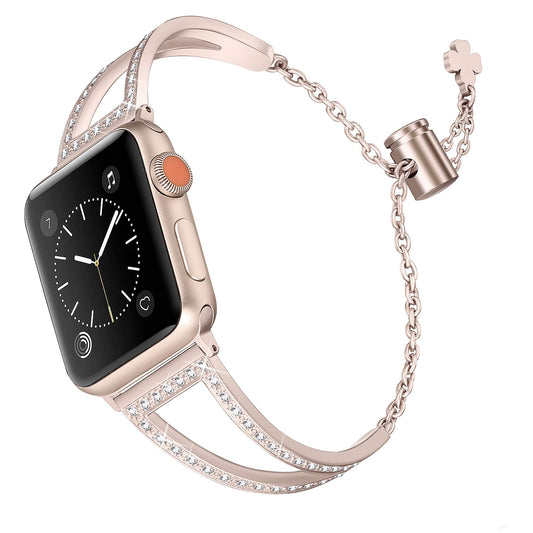 Secbolt Bling Bands Compatible with Apple Watch Band 38mm 40mm 41mm 42mm iWatch Series 10/9/SE/8/7/6/5/4/3/2/1, Women Dressy Metal Jewelry Bracelet Bangle Wristband Stainless Steel, Champagne Gold