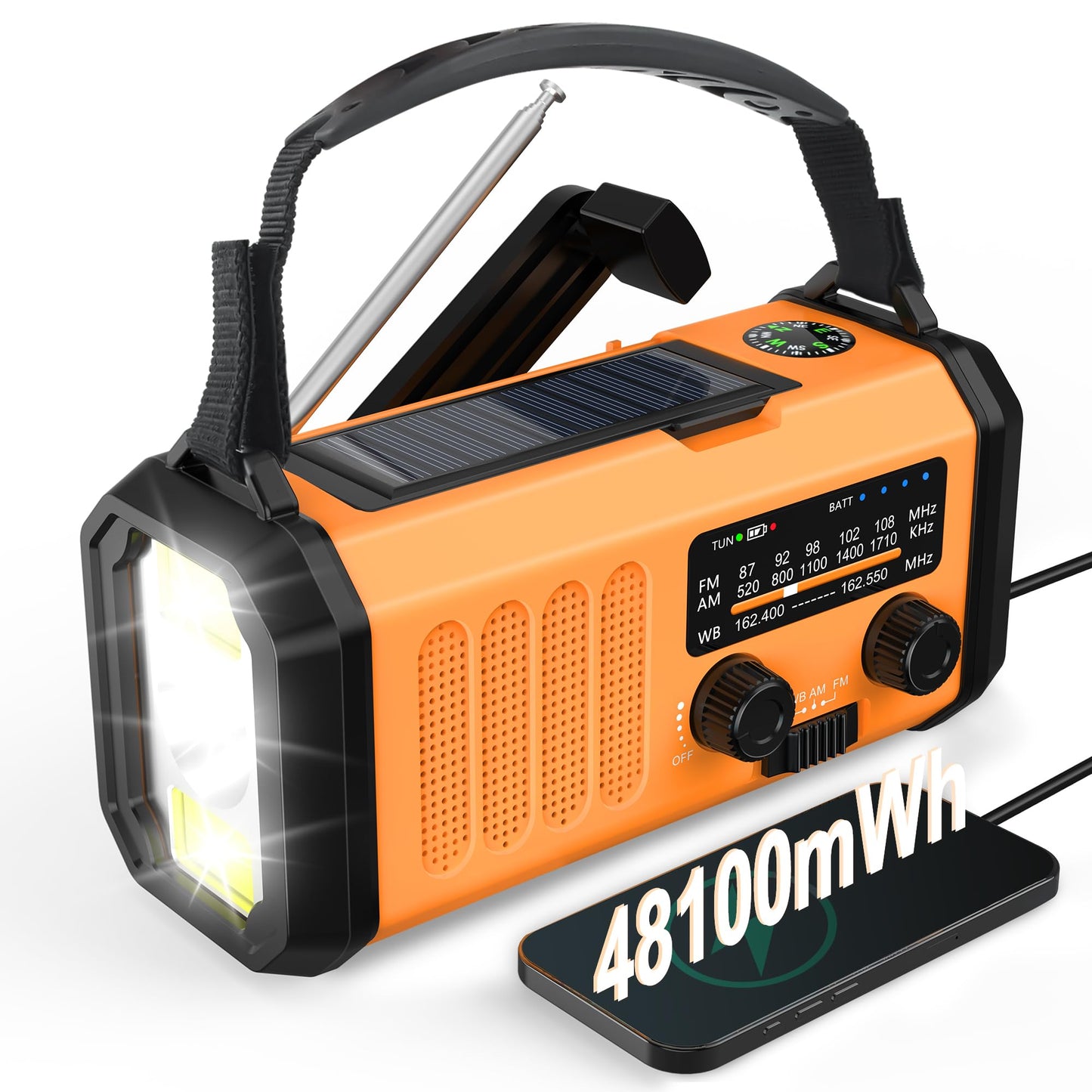 Emergency Radio, Solar Hand Crank AM FM NOAA Weather Radio,Portable Dynamo Survival Radio,Super Bright Crank Flashlight,Reading Lamp,Compass,SOS for Home Hurricane Storm Outdoor Camping Emergency Kit