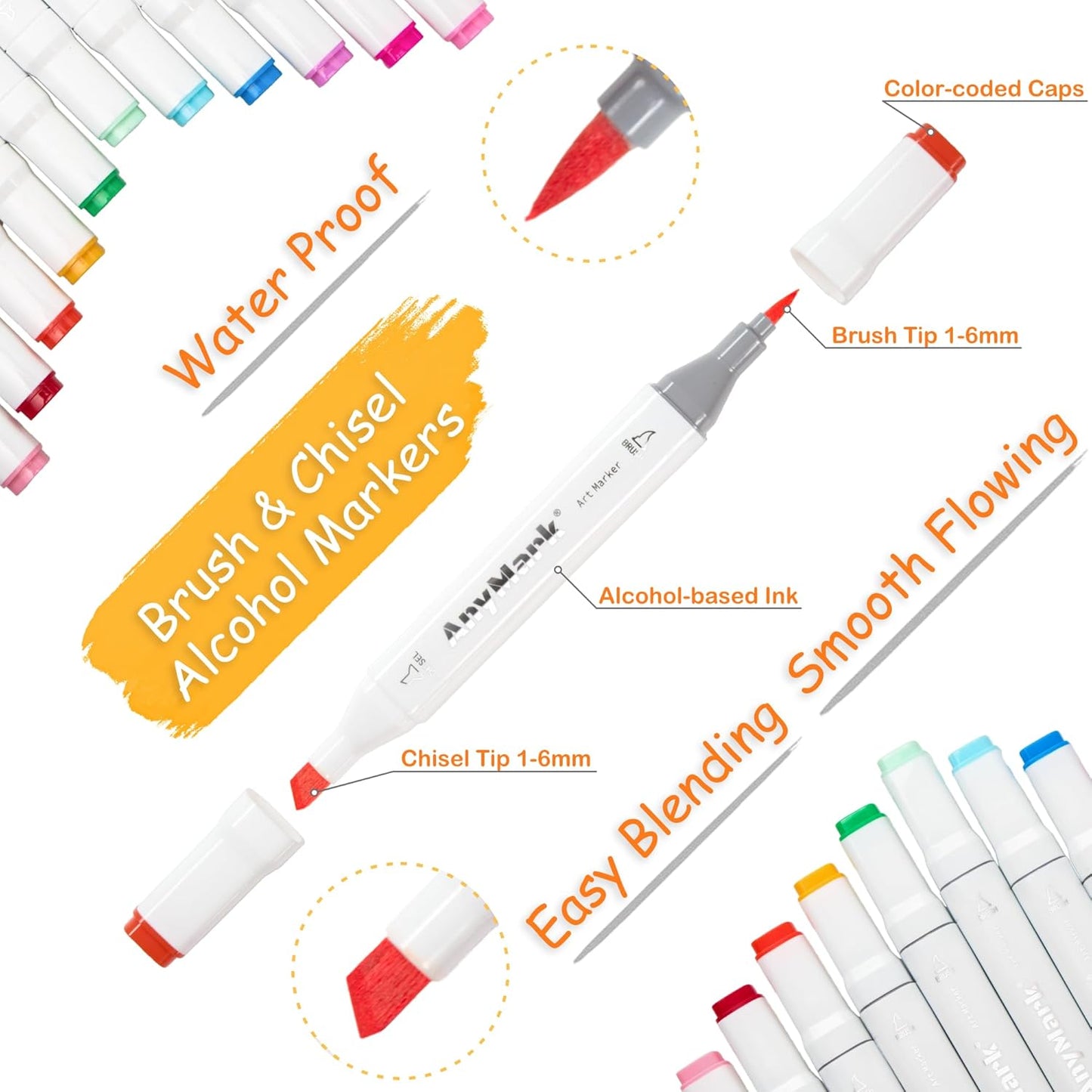 AnyMark Alcohol Markers Brush Tip, 80+1 Colors Dual Tip Brush & Chisel Alcohol-Based Art Markers Set with Case for Adult Artists Drawing Coloring