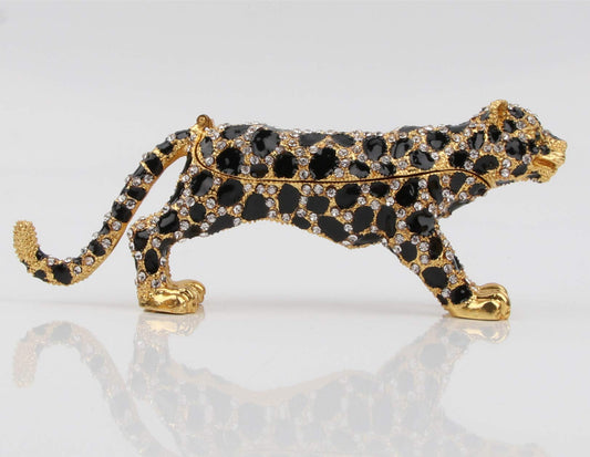 SEVENBEES 24K Golden 5.7in Leopard Jewelry Trinket Boxes Hinged with Crystal Element Design Leopard Figurine Collectible
