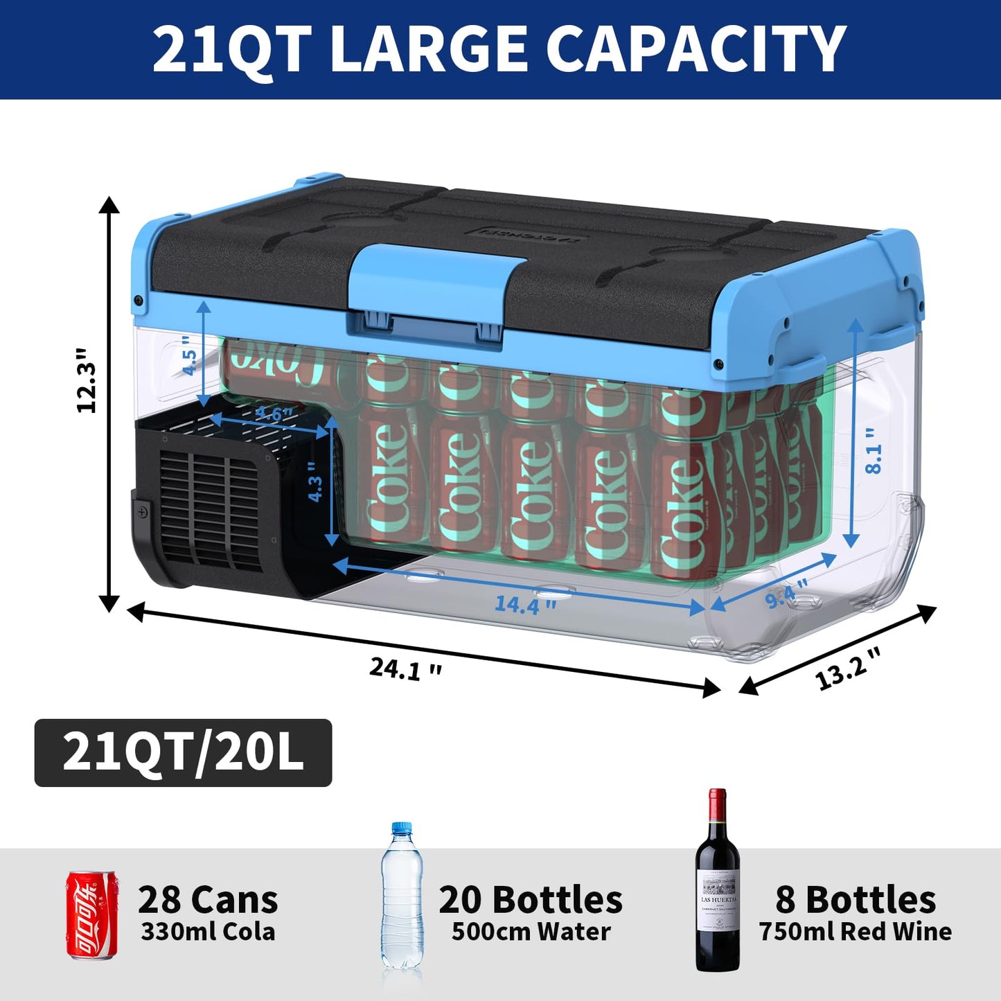 Tecnolove 20L Car Refrigerator Freezer, 21QT Single Zone Portable Fridge with Blow Expansion Evaporator, Reversible Door, LED Control, Fast Cooling, 100–240V AC / 12V / 24V DC, -4℉~68℉, Ice Blue
