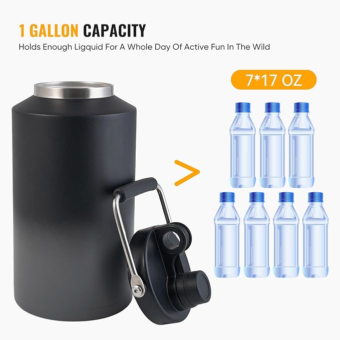 Kerilyn Insulated Gallon Jug with Handle, One Gallon, 128oz Stainless Steel, Large Double Vacuum Water Bottle for Hot & Cold Drinks, Wide Mouth, Sweat Proof, Great for Travel, Camping, Grey Gradient