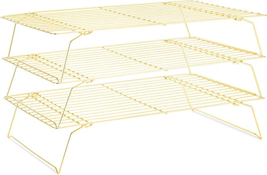 Cooling Rack for Baking 3 Tiers, 16" x 10" Cookie Cooling Wire Rack Stackable Collapsible Nonstick, Stainless Steel Baking Cooking Cooling Racks with Optimum Air Flow, Gold