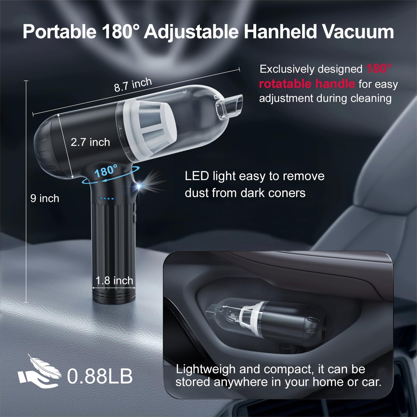 OGMAPLE Car Vacuum Cleaner High Power Handheld Vacuum 150W 17000Pa 4-in-1 Mini Vacuum Cleaner Cordless and Air Duster with 180° Adjustable Handle Led Light Portable Vacuum for Car, Home, Deep Black