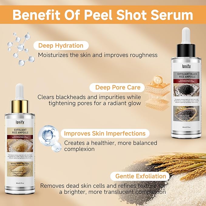 Peel Shot Glow Rice Ampoule Duo, Black and White Rice Exfoliant for Face and Body, Rice Exfoliator for Faces Dead Skin Cells Remover, Face Peel Shot Serum for Softens Cuticle (White+Black, 160ml)