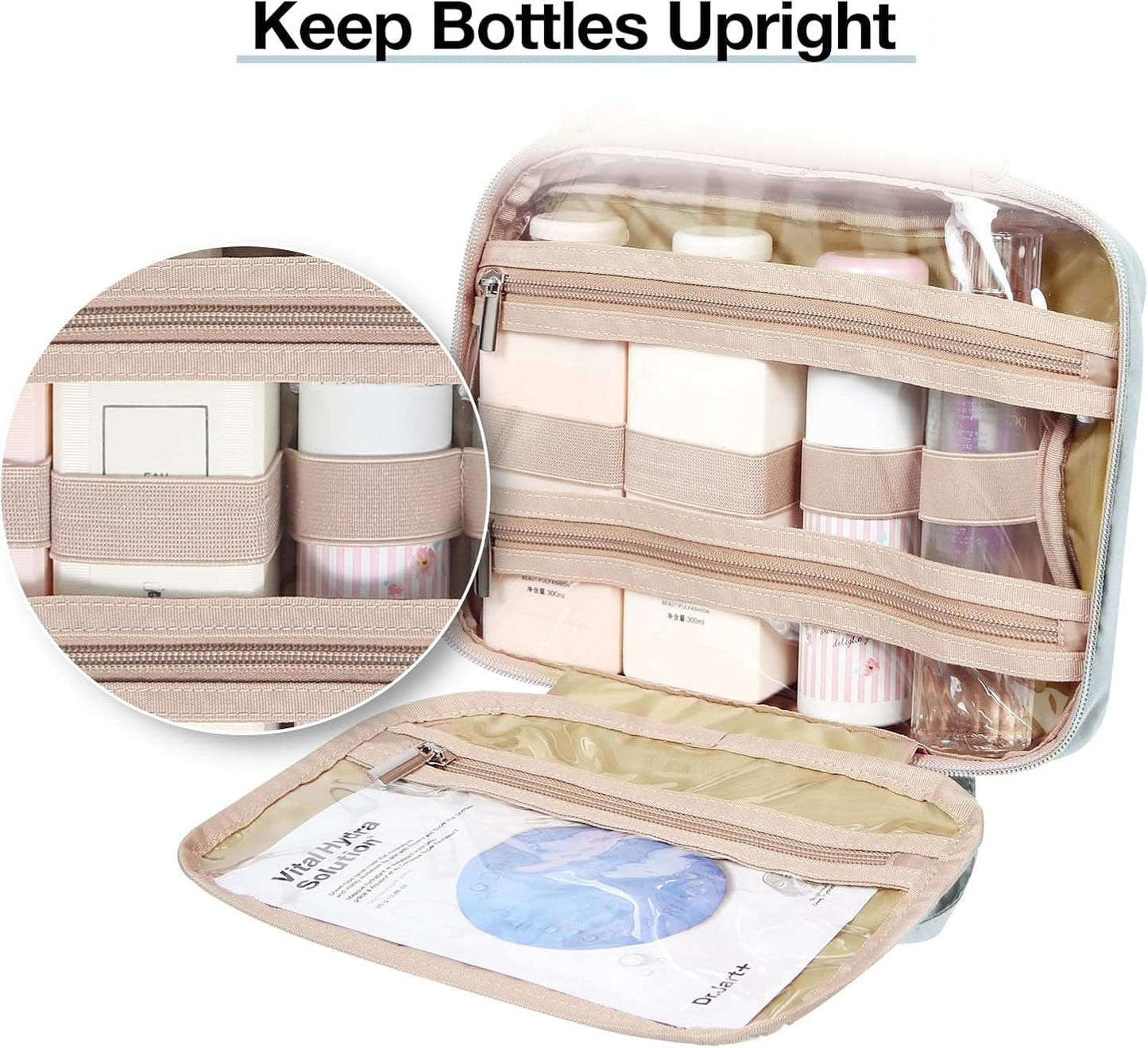 BAGSMART Toiletry Bag Hanging Travel Makeup Organizer with TSA Approved Transparent Cosmetic Bag Makeup Bag for Full Sized Toiletries, Large-Light Blue