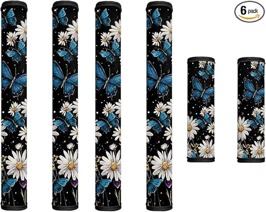 6 PCS Refrigerator Oven Door Handle Covers Anti-Skid Fridge Microwave Dishwasher Door Cloth Protector Keep Electric Appliances Clean Home Decoration Accessories, Daisy Blue Butterfly Black