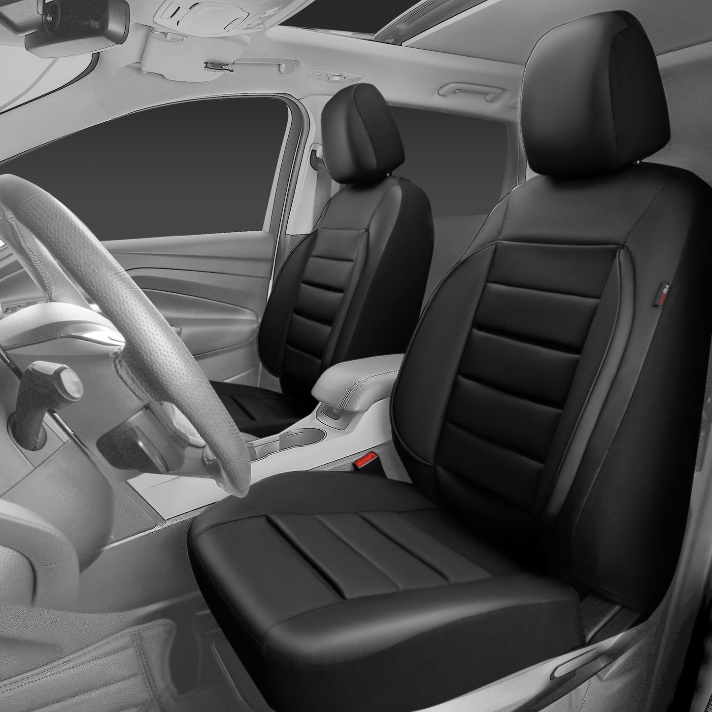 CAR PASS Faux Leather Car Seat Covers Front Seats Only, 3D Foam Support Car Seat Covers, Universal fit for Trucks Vans SUVs Sedans Automotive Comfortable, Airbag Compatible 2 Pieces Front Solid Black