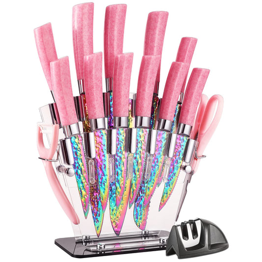 Rainbow Titanium Knife Set, Non Stick Thick and Sharp Stainless Steel 15 Pcs Cutlery Kitchen Knives Set with Acrylic Block, Chef Quality for Home & Pro Use, Best Gift, Pink Color