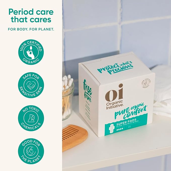 Oi | Organic Initiative - Ultra-Thin Pads with Wings | 100% Certified Organic Cotton, Unscented | Leak Free, Biodegradable | Non-GMO, Toxin Free (Super, 48, Count)