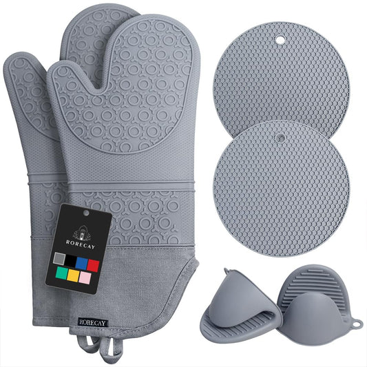 Rorecay 6pcs Oven Mitts and Pot Holders Sets for Kitchen, Extra Long Silicone Oven Gloves High Heat Resistant 500 Degrees Non-Slip Potholders Hot Pads for Baking Cooking, Grey