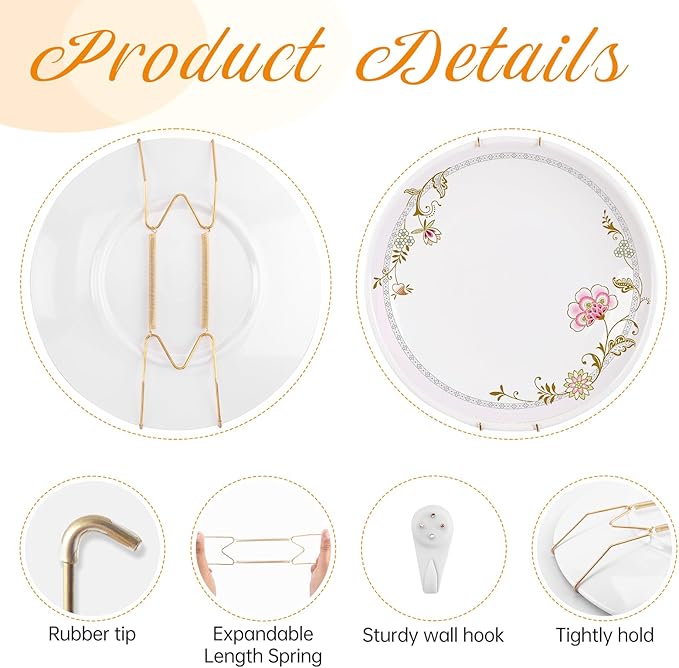 Plate Hangers for The Wall, Suitable for 16-20 inch Decorative Plate, Stainless Steel Wire Plate Holder with Wall Hooks and Rubber tip Protectors, Plate Hangers for Displaying Plates, Platter, Gold
