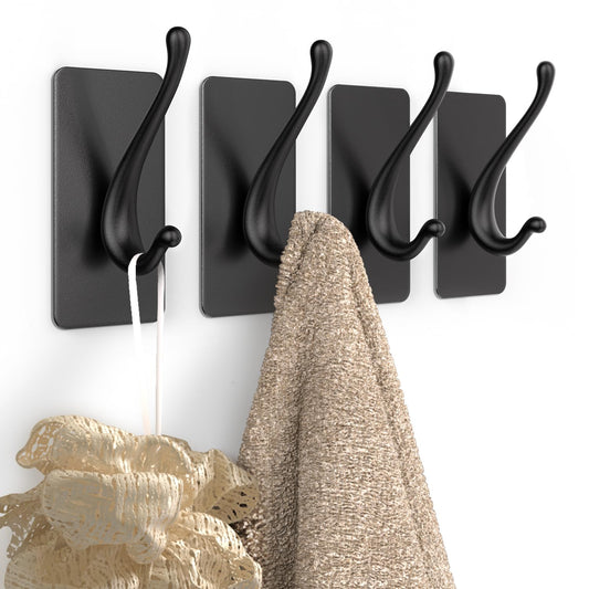 JCHOUS Towel Hooks, Solid Alloy Adhesive Wall Hooks for Hanging, Towel Hooks for Bathroom, RV, Kitchen, Closets, etc (Black, 4 Pack)
