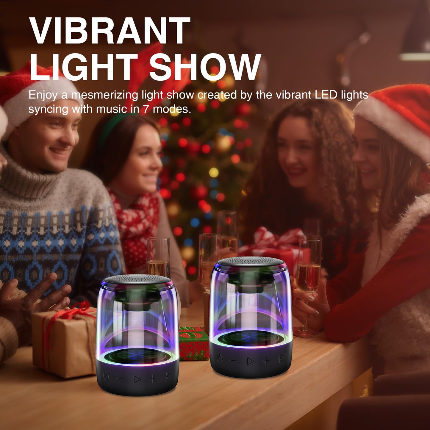 MEGATEK Portable Bluetooth Speakers (2-Pack) – True Wireless Stereo (TWS) Pair, Vibrant LED Lights, 360° HD Sound, 12-Hour Playtime, IPX5 Waterproof – Perfect for Home, Parties, Outdoors, and Travel