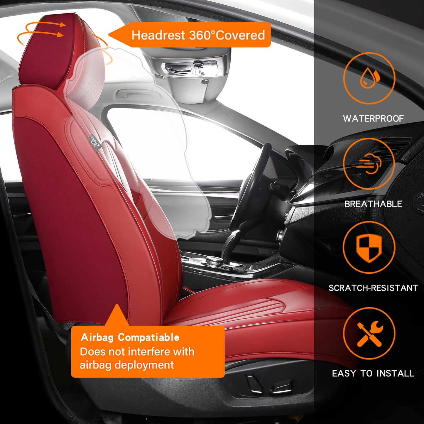 MINGBRON Red Car Seat Covers,Leather Car Seat Cover, Waterproof Seat Covers Full Set, Fit RAV4 Accord Altima Rogue CX5 CRV Wine Red