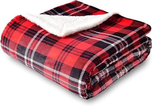 SOCHOW Sherpa Plaid Fleece Throw Blanket, Double-Sided Super Soft Luxurious Bedding Blanket 60 x 80 inches, Red/Grey